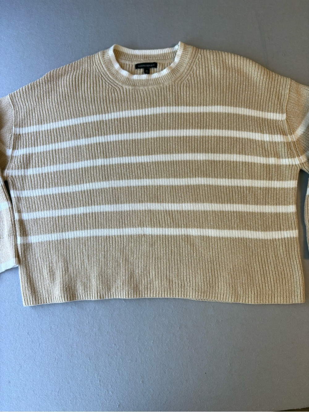 Banana Republic Cotton Tan White Striped Crewneck Chunky Sweater Sz M Nautical